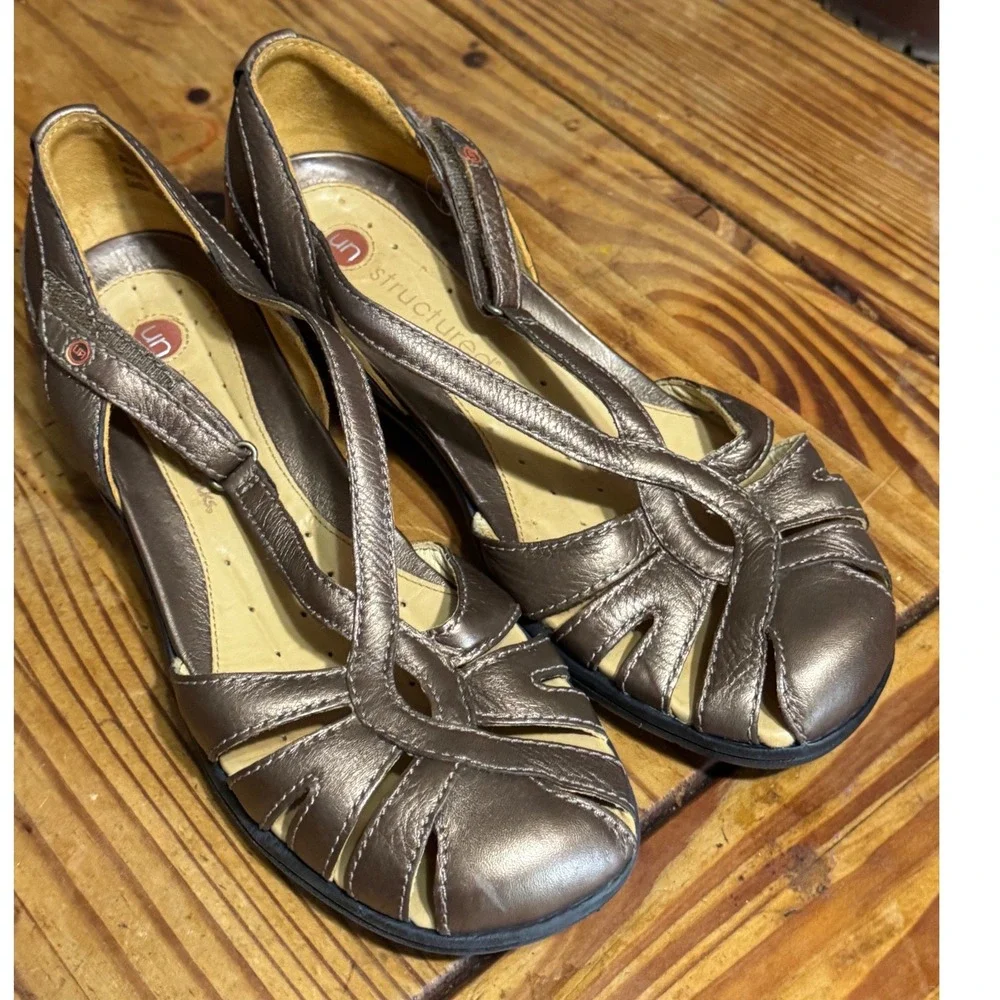 Clarks Unstructured Sandals Womens 9N Leather Metallic Bronz Strappy Wedge 86342